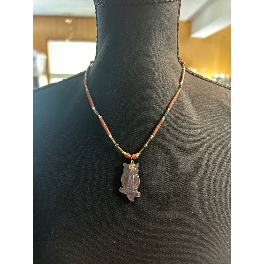 Artisan Boho Owl Necklace – Heishi Beads, Brass‎ Accents, 20" Y2K Style